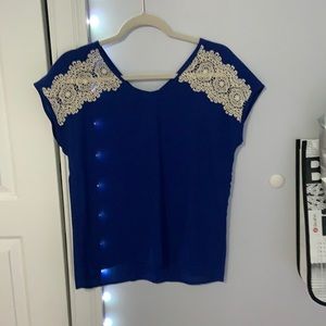 Blue with white shirt